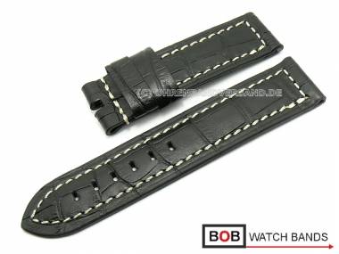 Watch band 24mm XL black alligator grain for Panerai light coloured contrast stitching by BOB - Bild vergr��ern 