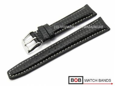 Watch band -Carbon- 18mm black carbon look leather light stitching by BOB (width of buckle 16 mm) - Bild vergr��ern 