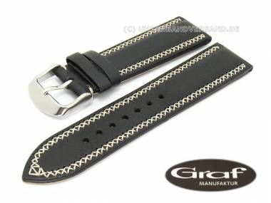 Watch band -Z�rich- 22mm black leather smooth light cross stitching by Graf (width of buckle 20 mm) - Bild vergr��ern 