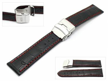Watch band 26mm black alligator grain clasp red stitching (width of buckle 24 mm) - Bild vergr��ern 