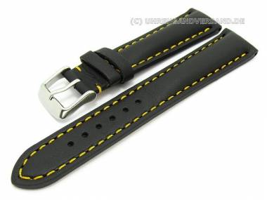 Watch band 20mm black smooth surface yellow stitching padded (width of buckle 18 mm) - Bild vergr��ern 