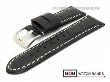 Watch band 24mm black alligator grain light colored contrast stitching by BOB - Bild vergr��ern 