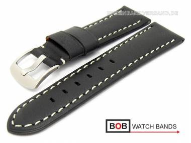 Watch band 26mm black smooth surface light colored contrast stitching by BOB - Bild vergr��ern 