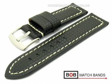 Watch band 22mm black carbon-look light colored contrast stitching by BOB - Bild vergr��ern 