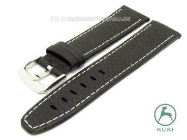 Watch strap 20mm black grained white stitching by KUKI (width of buckle 18 mm) - Bild vergr��ern 