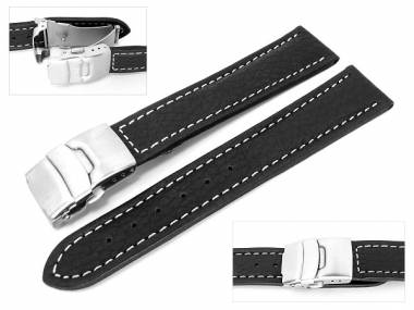 TOP: Watch band 18mm black deployant clasp grained surface white seam - Bild vergr��ern 