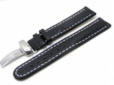 Watch band  18mm leather black white seam teju grain flip clasp (width of buckle 18 mm) - Bild vergr��ern 