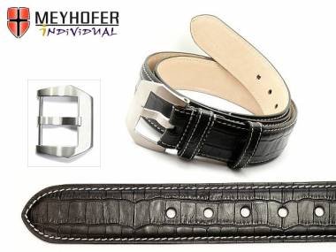 Leather Belt -Pretoria BLT- black alligator grain light stitching 110cm (L) by MEYHOFER - Bild vergr��ern 