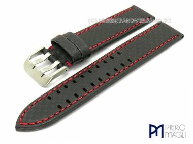 Watch band -Carbon Fiber- 24mm black red stitching genuine Leather in Carbon-Look by Piero Magli - Bild vergr��ern 