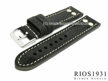 Watch band -Chesterfield- RIOS 24mm black with rivets real leather light stitching  - Bild vergr��ern 