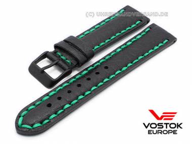 Replacement watch strap Vostok Europe 20mm black leather grained green stitching - Bild vergr��ern 