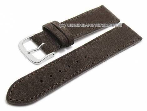 Watch strap 18mm dark brown leather velvety/velour-like stitched by FLUCO - Made in Germany (width of buckle 16 mm) - Bild vergrern 