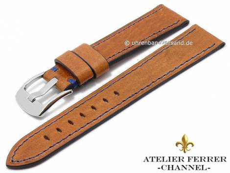 Watch strap -Antilope Cosida- 22mm light brown vintage blue stitched by ATELIER FERRER CHANNEL (width of buckle 20 mm) - Bild vergr��ern 