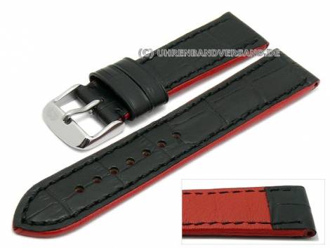 Watch strap 22mm black leather alligator grain with red sides by CAMPAGNOLO (width of buckle 20 mm) - Bild vergr��ern 