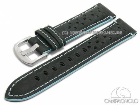 Watch strap 18mm black leather racing look grained light blue stitching by CAMPAGNOLO (width of buckle 18 mm) - Bild vergr��ern 