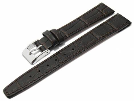 Watch strap 12mm clip lug attachment dark brown leather alligator grain stitched (width of buckle 10 mm) - Bild vergr��ern 