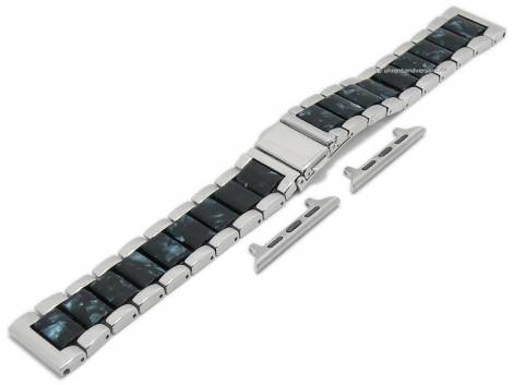 Watch strap 22mm silver/dark blue stainless steel/resin polished incl. APPLE adapter 42/44/45 mm - Bild vergrern 