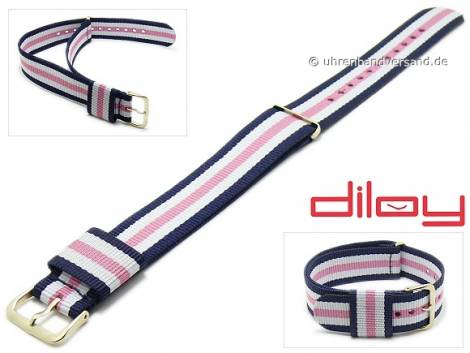 Watch strap 18mm dark blue nylon white and pink stripes one piece strap by DILOY - Bild vergr��ern 