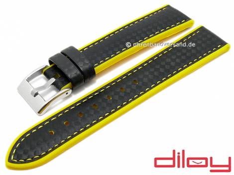 Watch strap 20mm black/yellow leather/silicone carbon look yellow stitching by DILOY (width of buckle 18 mm) - Bild vergr��ern 