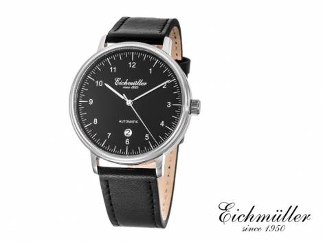 Automatic watch stainless steel silver face black leather strap from Eichmueller (*EM*HU*) - Bild vergrern 