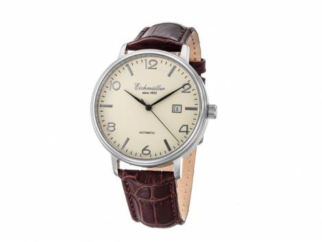 Automatic watch stainless steel silver face beige leather strap from Eichmueller (*EM*HU*) - Bild vergrern 