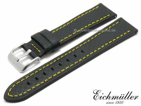 Watch strap 22mm EASY-CLICK black leather carbon look yellow stitching by BandOh (width of buckle 20 mm) - Bild vergrern 