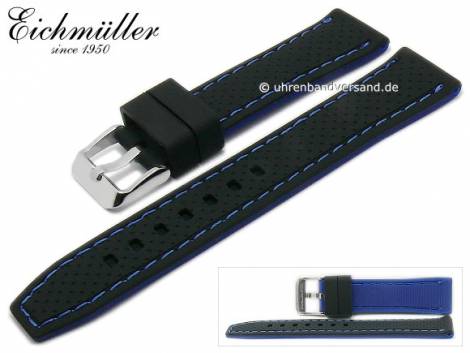 Watch strap 22mm black silicone racing design blue stitching by EICHMLLER (width of buckle 20 mm) - Bild vergrern 