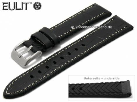 Watch strap -Belize- 22mm black leather/silicone alligator grain light stitching by EULIT (width of buckle 20 mm) - Bild vergrern 