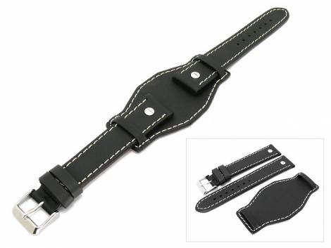 Watch band 22mm black aviator style robust light stitching with leather pad (width of buckle 20 mm) - Bild vergr��ern 
