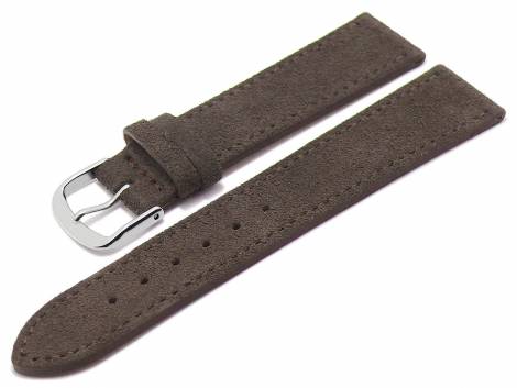 Watch strap 18mm dark brown leather velvety/velour-like stitched by FLUCO - Made in Germany (width of buckle 16 mm) - Bild vergr��ern 