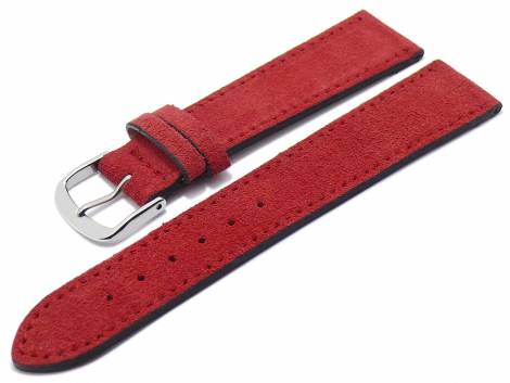 Watch strap 18mm red leather velvety/velour-like stitched by FLUCO - Made in Germany (width of buckle 16 mm) - Bild vergr��ern 