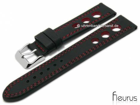 Watch strap 22mm black leather racing look smooth red double stitching by FLEURUS (width of buckle 20 mm) - Bild vergr��ern 