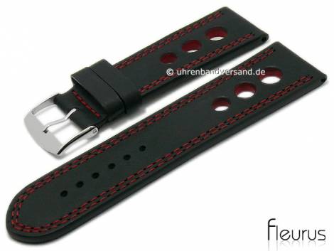 Watch strap 26mm black leather racing look smooth red double stitching by FLEURUS (width of buckle 24 mm) - Bild vergr��ern 