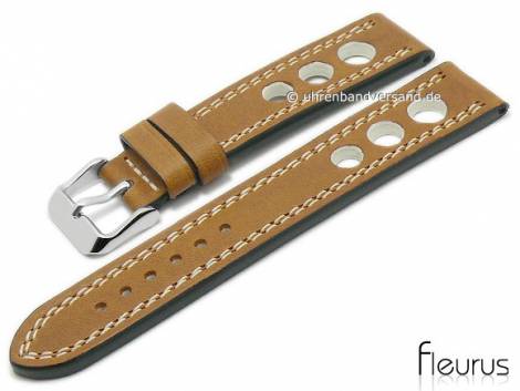 Watch strap 20mm light brown leather racing look smooth light double stitching by FLEURUS (width of buckle 18 mm) - Bild vergrern 