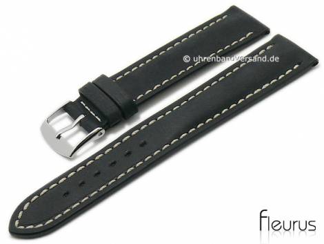 Watch strap 20mm black leather vintage look smooth light stitching by FLEURUS (width of buckle 18 mm) - Bild vergr��ern 