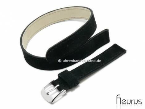 Watch strap 12mm black nubuck leather suede like stitched wrap-around strap by FLEURUS (width of buckle 12 mm) - Bild vergr��ern 
