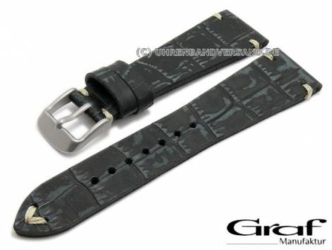 Watch strap -Antik- 20mm black leather alligator grain antique look heavy strap taper by GRAF (width of buckle 16 mm) - Bild vergr��ern 