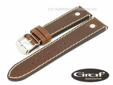 Watch strap -Zeppelin- 22mm dark brown leather with rivet light stitching rustic by GRAF (width of buckle 20 mm) - Bild vergr��ern 