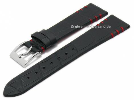 Watch strap 20mm black leather Alligator grain red stitching by GECKOTA (width of buckle 16 mm) - Bild vergr��ern 