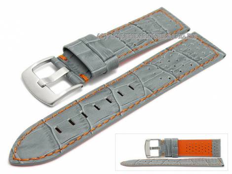 Watch strap 22mm grey leather alligator grain racing look orange stitching (width of buckle 20 mm) - Bild vergr��ern 