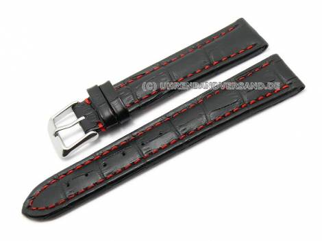 Watch band 20mm leather black alligator grain red stitching (width of buckle 18 mm) - Bild vergr��ern 