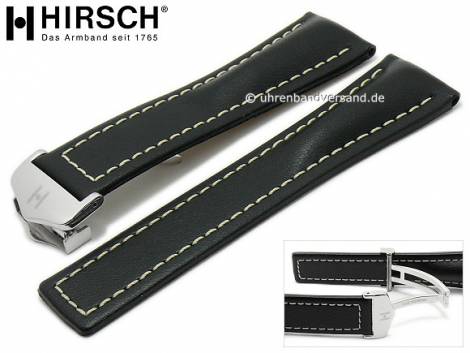 Luxury-watch strap -Navigator- 24mm black leather light stitching with clasp by HIRSCH (width of clasp 20 mm) - Bild vergrern 