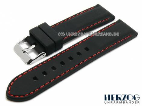 Watch strap 24mm black silicone smooth matt red stitching by HERZOG (width of buckle 22 mm) - Bild vergr��ern 