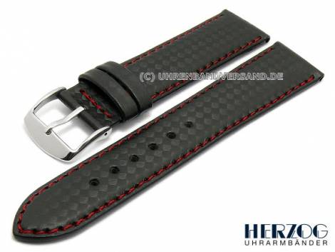 Watch strap -Carbon Sport- 18mm anthracite leather carbon look red stitching by HERZOG (width of buckle 16 mm) - Bild vergr��ern 