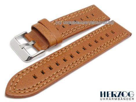 Watch strap -Kansas- 24mm light brown leather lightly grained double stitching by HERZOG (width of buckle 24 mm) - Bild vergrern 