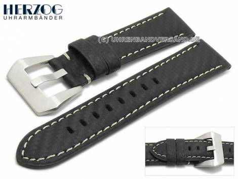 Watch strap -Carbon Chrono- 20mm black leather carbon look light stitching by HERZOG (width of buckle 18 mm) - Bild vergrern 