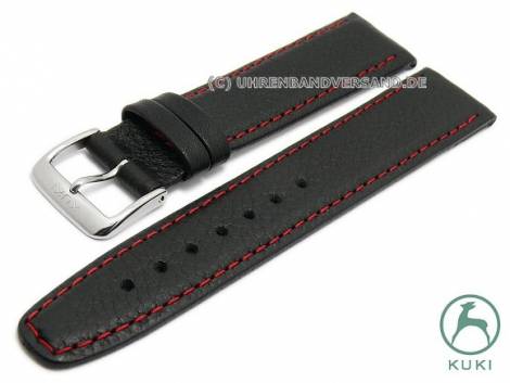 Watch strap -Simba- 20mm black leather grained matt red stitching by KUKI (width of buckle 18 mm) - Bild vergr��ern 