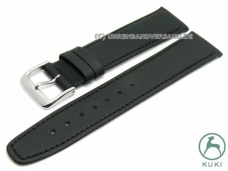 Watch strap 22mm black leather smooth matt stitched very thin by KUKI (width of buckle 20 mm) - Bild vergr��ern 