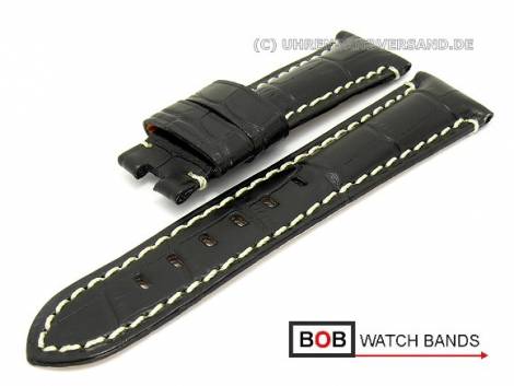 Watch band 22mm black for Panerai clasp alligator grain light contrast stitching by BOB (width of buckle 20 mm) - Bild vergr��ern 