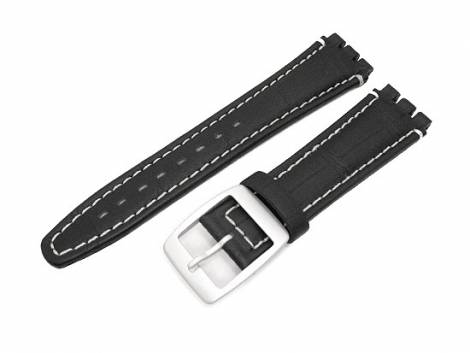 Watch band -Alligator Big- for Swatch 19mm black leather alligator grain white stitching - Bild vergr��ern 